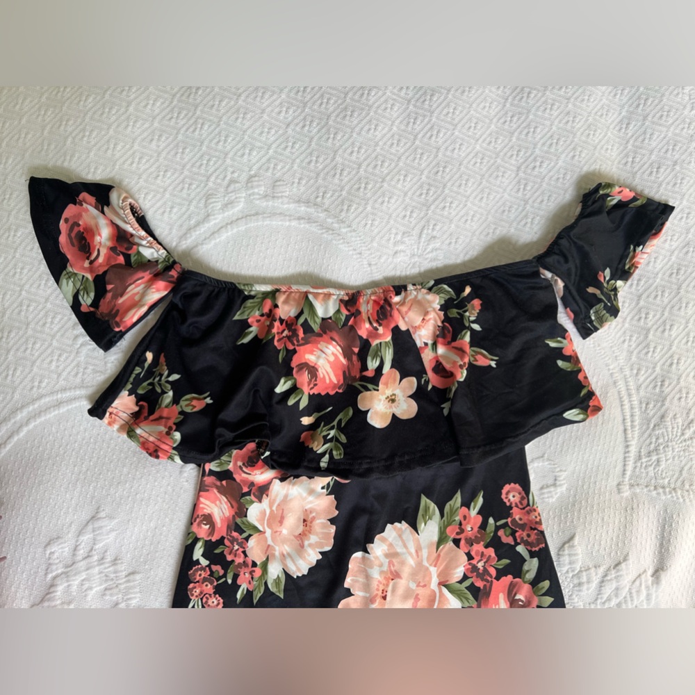 Vintage Off-the-Shoulder Sleeve Dress Black/Rose Floral Women’s Size Small - Picture 4 of 14
